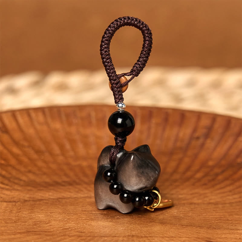 Silberner Obsidian-Schutz-Schlüsselanhänger mit Fu-Charakter