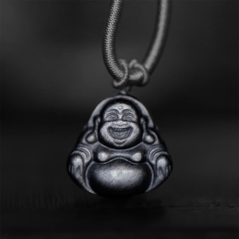 Silberschimmernde Obsidian-Schutzkette mit lachendem Buddha