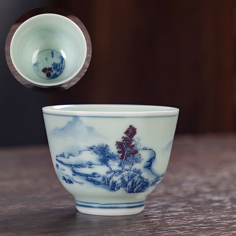 Kleine Keramik-Teetasse 50 ml | Blaue Landschaft, handgefertigtes Geschirr