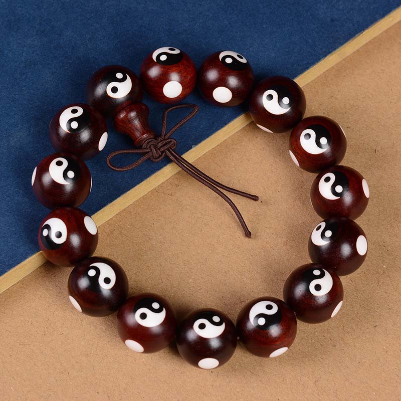 Kleines Yin-Yang-Armband aus rotem Sandelholz mit Blättern, 20 mm