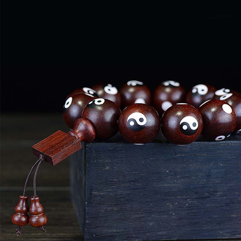 Kleines Yin-Yang-Armband aus rotem Sandelholz mit Blättern, 20 mm