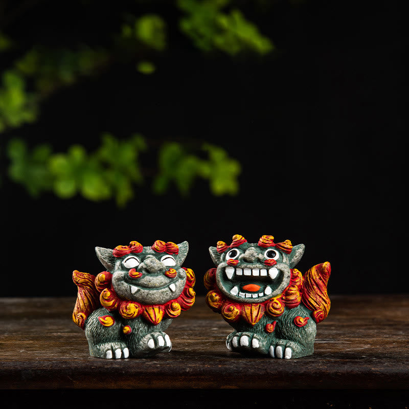 Kleines Paar Fu Foo Hunde aus Kunstharz | Schutz-Buddha-Statue