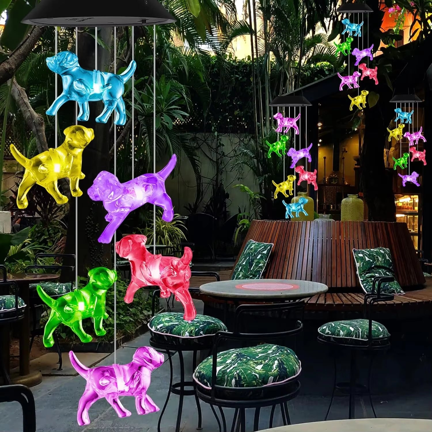 Colorful illuminated dog-shaped decorations as solar wind chimes for garden decor