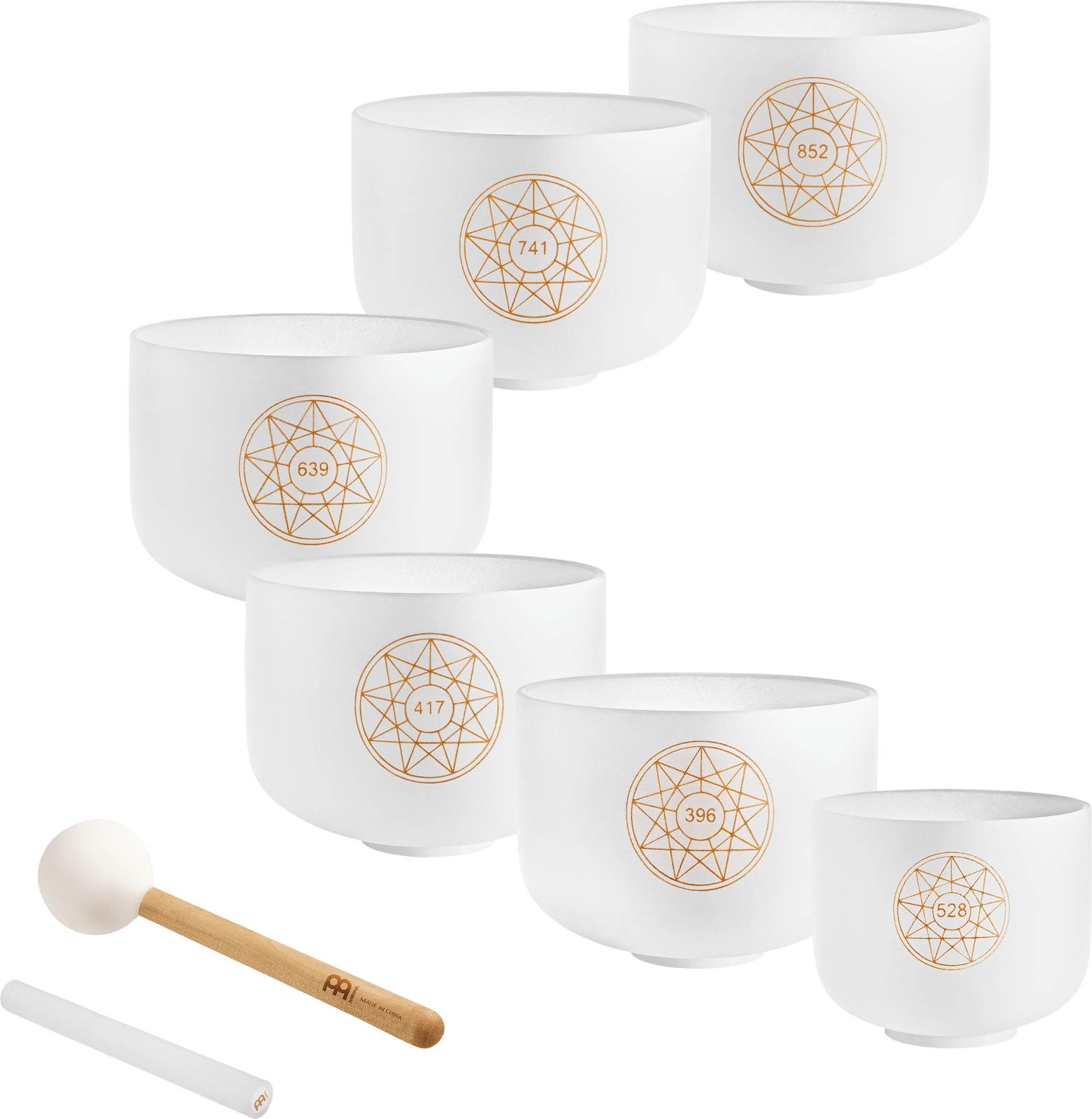 Solfeggio-Kristallklangschalen-Set (396, 417, 528, 639, 741, 852 Hz)