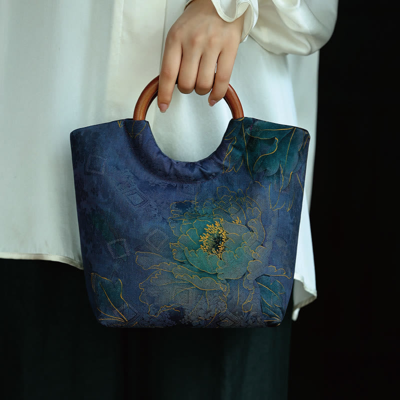 Blau-violette Pfingstrosentasche mit Griff aus massivem Holz und Bambusvogel-Design