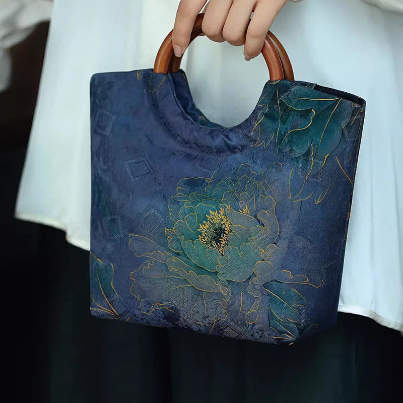 Blau-violette Pfingstrosentasche mit Griff aus massivem Holz und Bambusvogel-Design