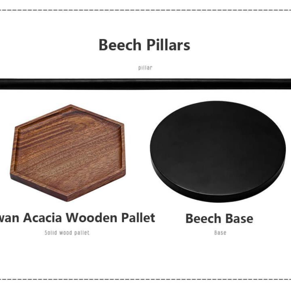 Hexagonal wooden pallet and round black base for Beech Pillars in Solid Wood Stand