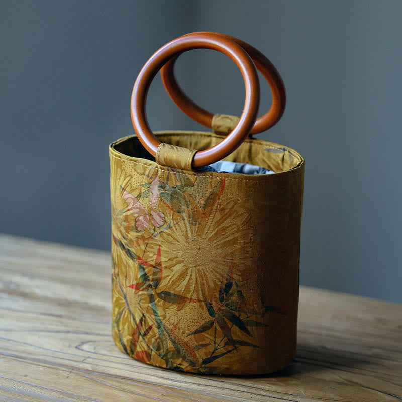 Spirituelle Handtasche mit Bambusblatt-Schmetterling und Holzgriff