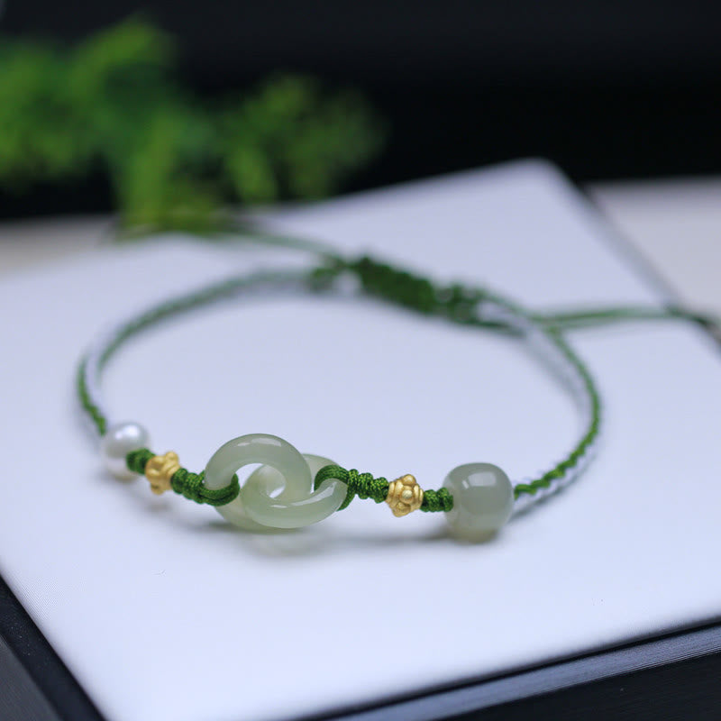 Sterling Silber Hetian Jade Doppelte Peace Schnalle Geflochtenes Armband