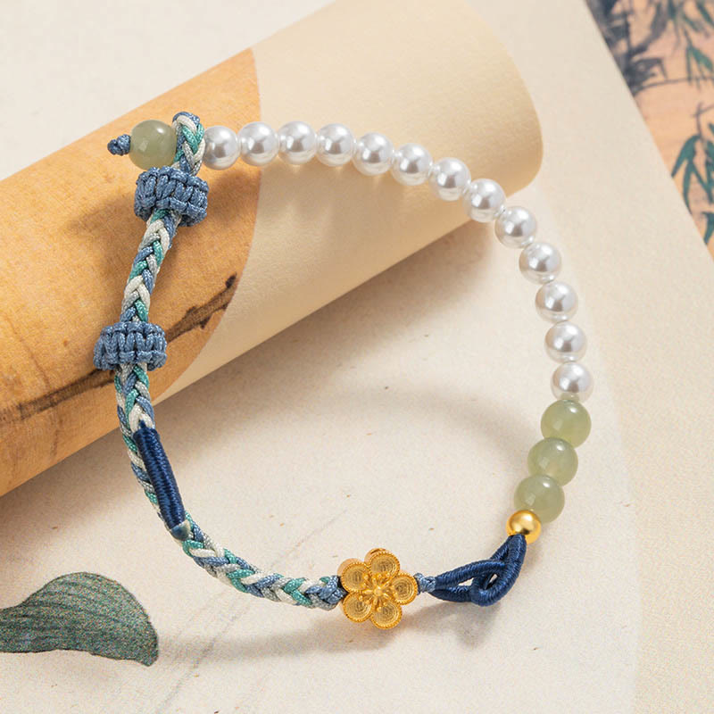 Glücksarmband aus Hetian-Jade aus Sterlingsilber mit Pfirsichblüte und Perlen