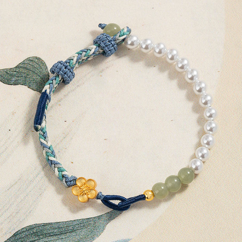 Glücksarmband aus Hetian-Jade aus Sterlingsilber mit Pfirsichblüte und Perlen