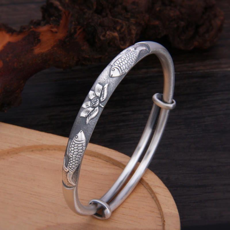 Sterling Silber Koi Fisch Lotus Glücksarmband verstellbar