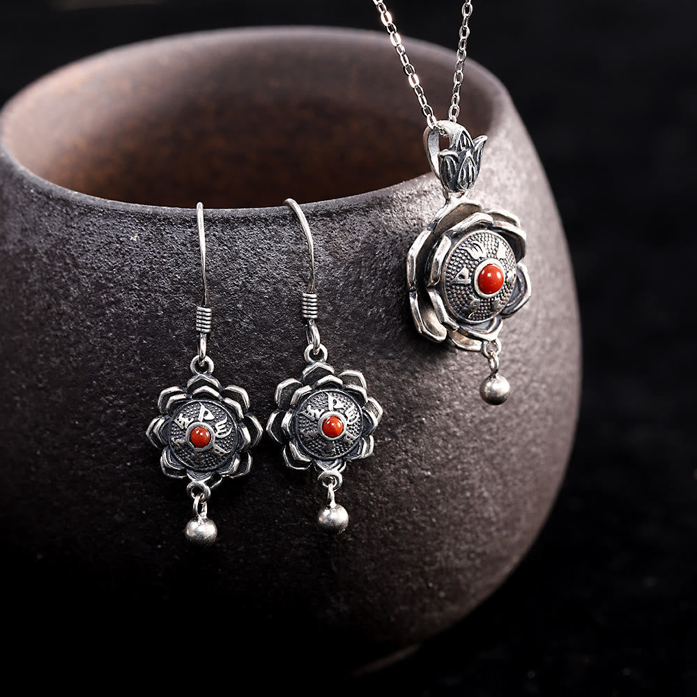 Sterling Silber Om Mani Padme Hum Lotus Halskette & Ohrringe Set