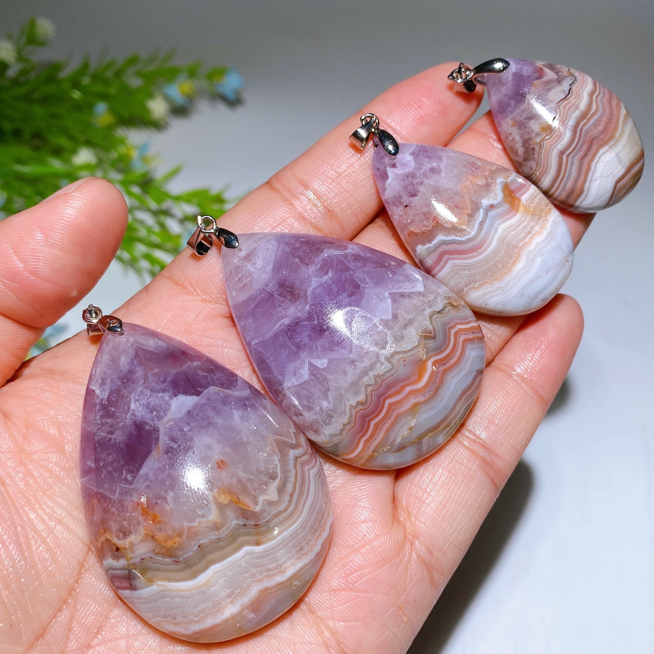 Striped Agate & Amethyst Drop Pendant 1.4-2.2 Inch Healing Crystal