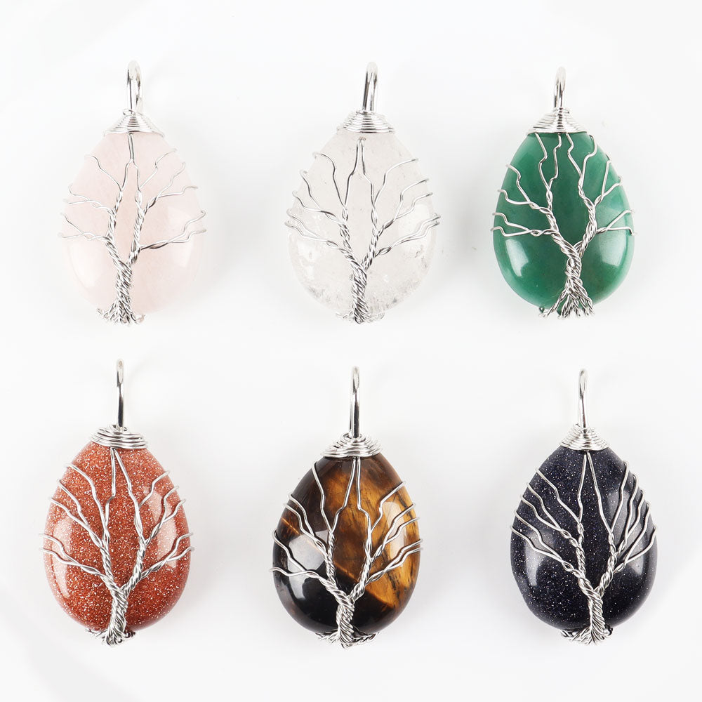 Teardrop Tree of Life Pendant with Copper Wire & Chakra Stones