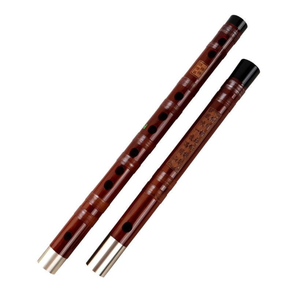 Traditional Handmade Bamboo Dizi Flute with metal ends and finger holes displayed