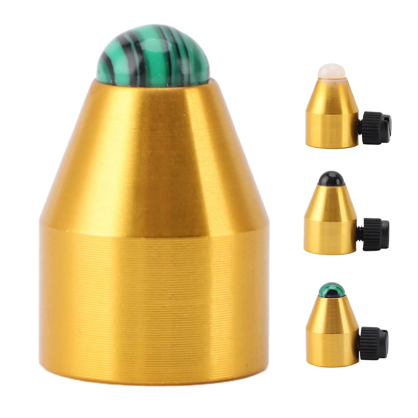 Gold-colored metal cone with green dome top for Tuning Fork Feet accessory