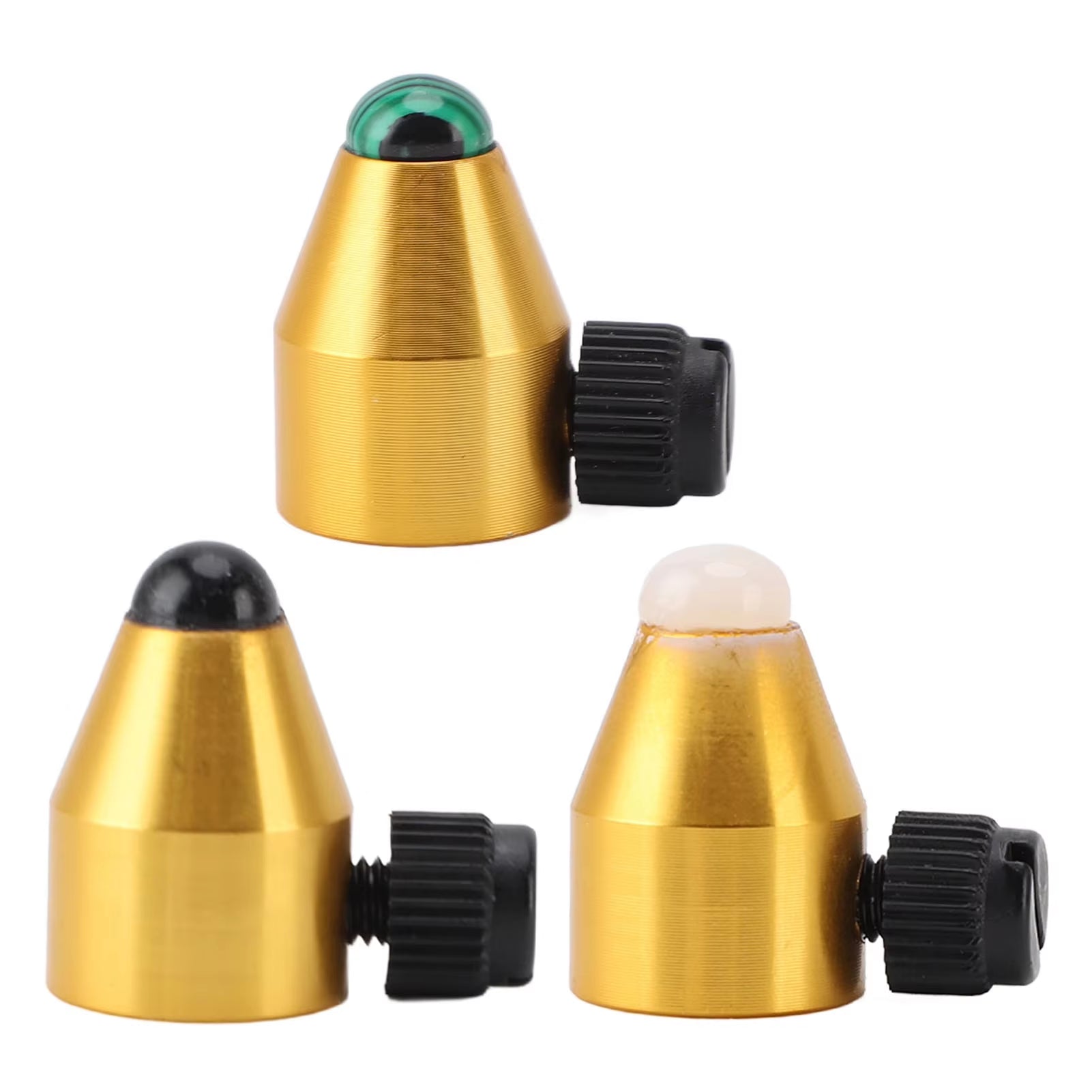 Three gold metal tips with black knobs and colorful domes for Tuning Fork Feet accessory