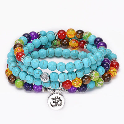 Türkisfarbene 7-Chakra-Mala-Halskette mit 108 Perlen