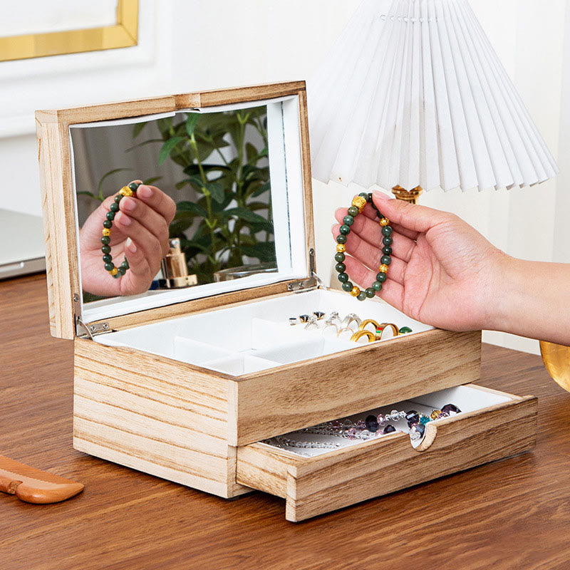 Zweilagige beige Holzschmuckschatulle mit Spiegel | Spirituelle Wohnakzente