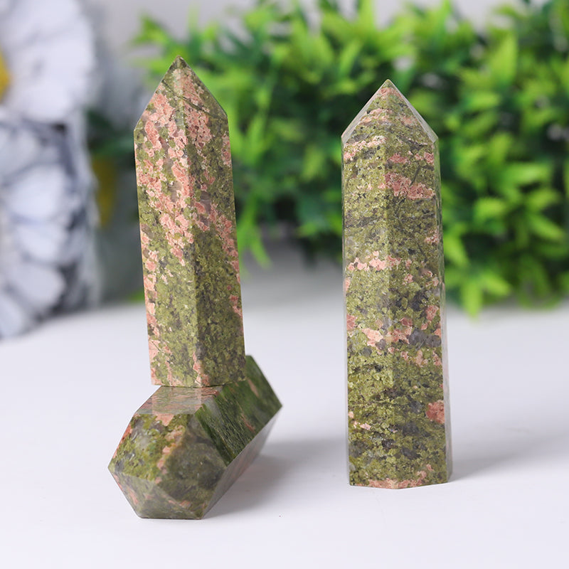 Unakit-Kristalltürme, 2,4–4,5 Zoll, Heilpunkte