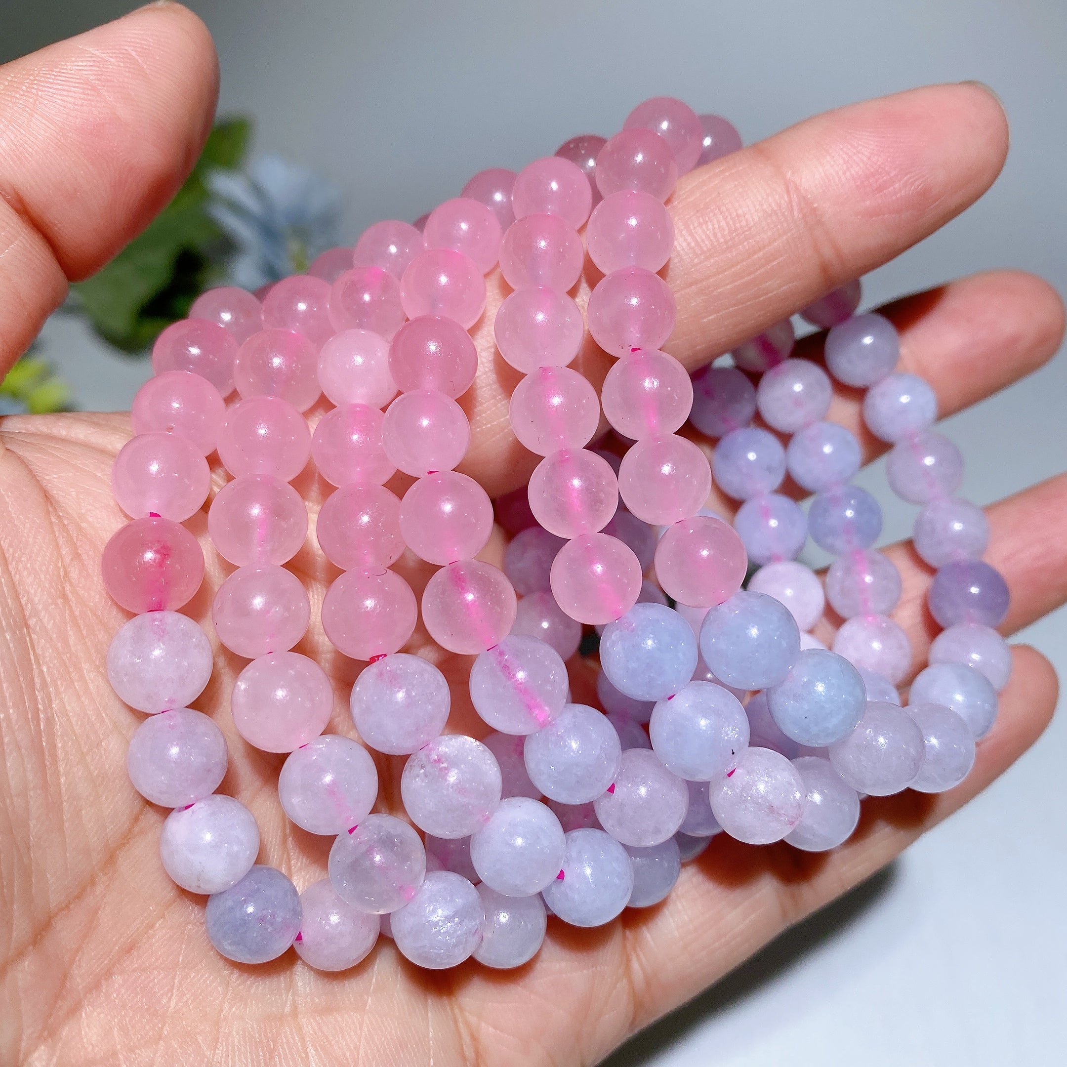 Unisex 8-16mm Rose Quartz Jadeite Blue Flower Agate Bracelet for Healing