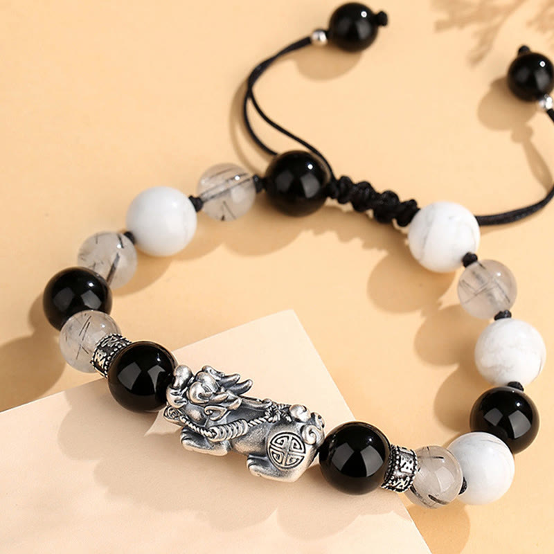Unisex-Armband aus 999er Sterlingsilber mit schwarzem Obsidian für Glück