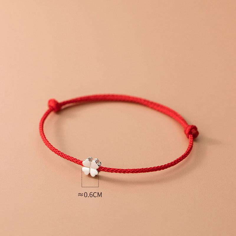 Unisex-Armband mit vierblättrigem Kleeblatt, 925er Silber, rote Schnur