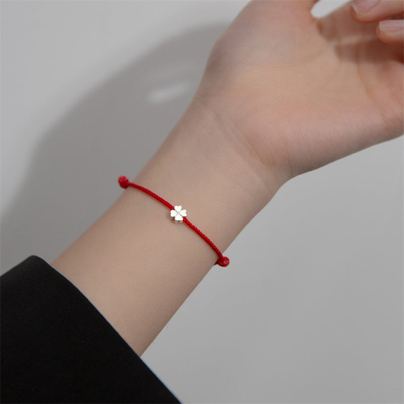 Unisex-Armband mit vierblättrigem Kleeblatt, 925er Silber, rote Schnur