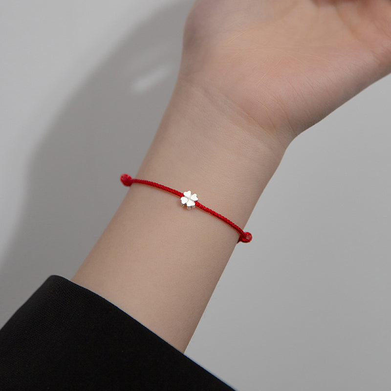 Unisex-Armband mit vierblättrigem Kleeblatt, 925er Silber, rote Schnur