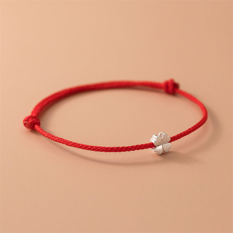 Unisex-Armband mit vierblättrigem Kleeblatt, 925er Silber, rote Schnur