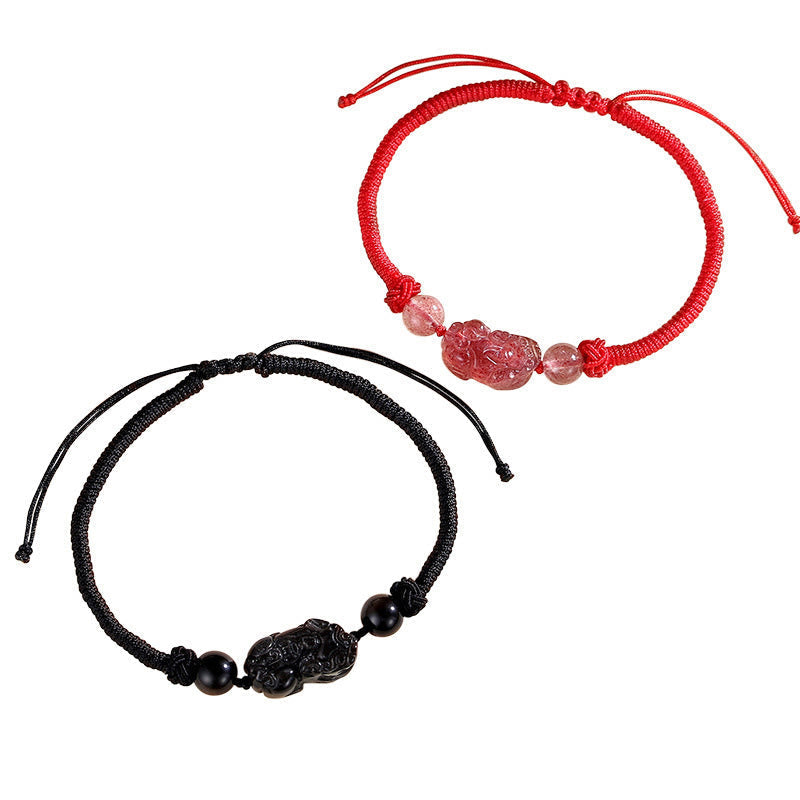 Unisex Silber Glanz Obsidian PiXiu Schutzarmband 8mm Perlen