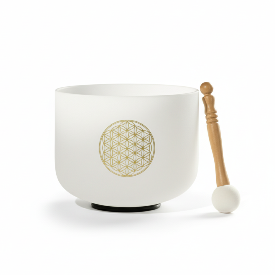 528 Hz C-Note, hohes C, Blume des Lebens, mattierte Kristallschale