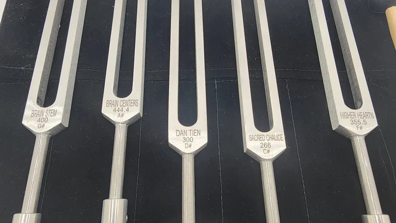 Medical tuning forks in a row from the Unweighted Sharp Tuning Fork Set of 5