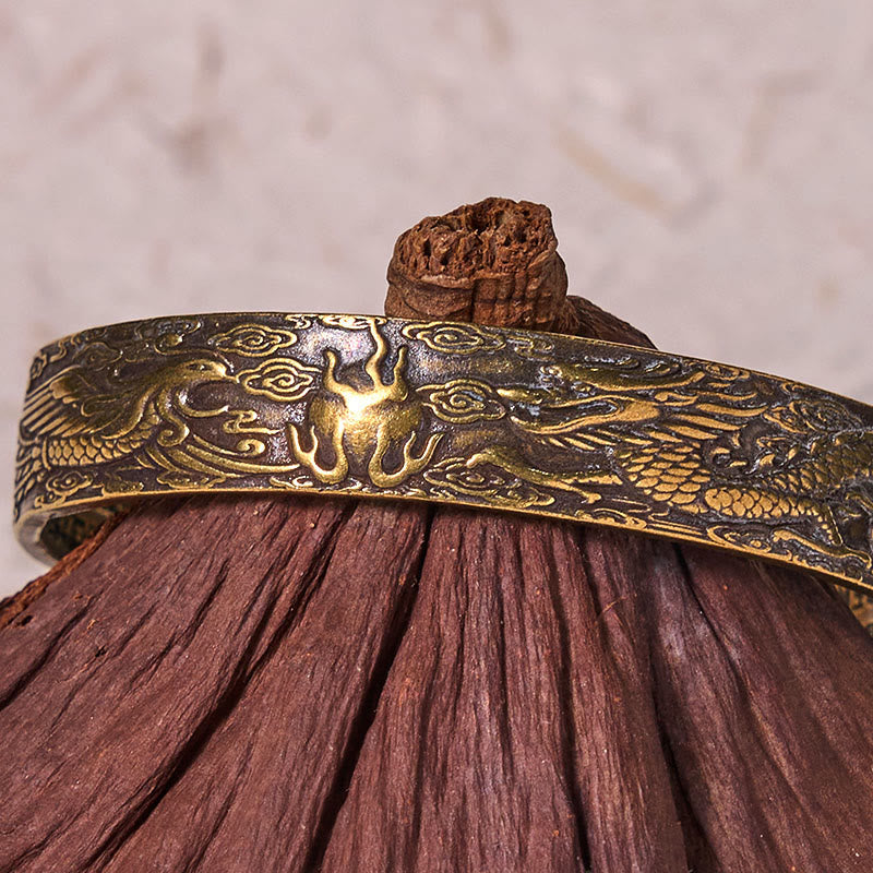 Vintage Kupfer Drachen Armband mit Phönix spielender Perle & Herz Sutra