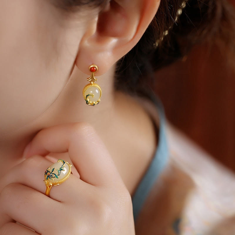 Vintage Jade Roter Achat Fülle Kupfer Tropfen Ohrringe