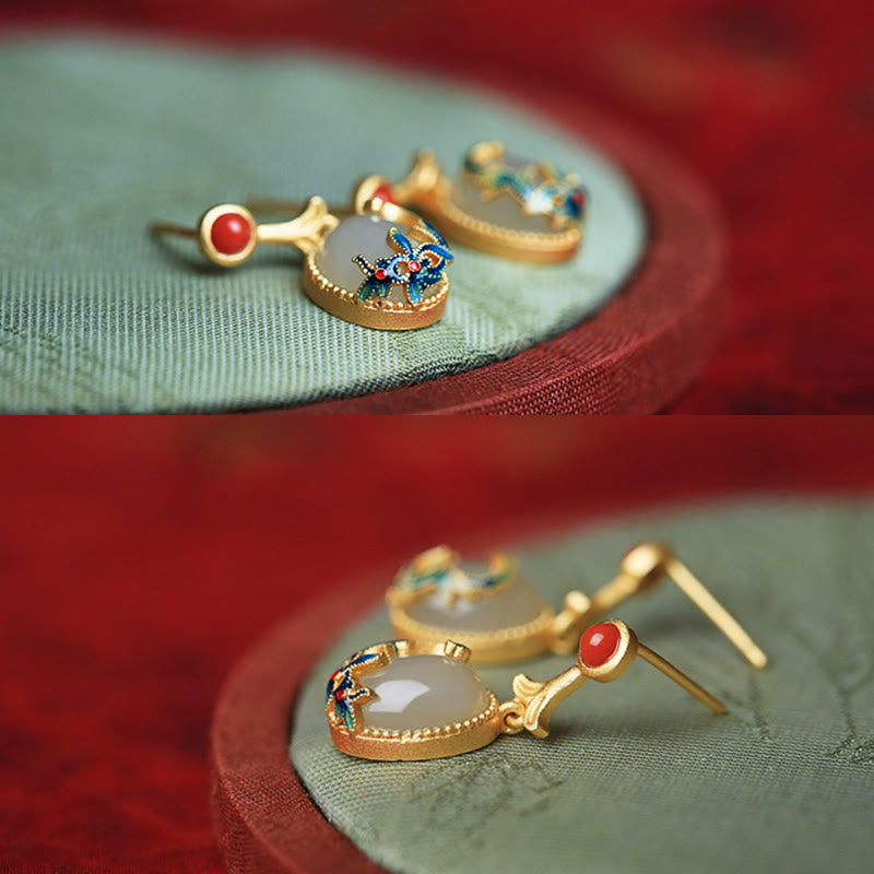 Vintage Jade Roter Achat Fülle Kupfer Tropfen Ohrringe