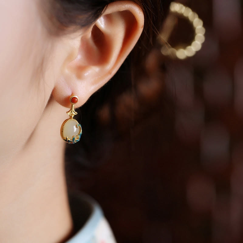 Vintage Jade Roter Achat Fülle Kupfer Tropfen Ohrringe