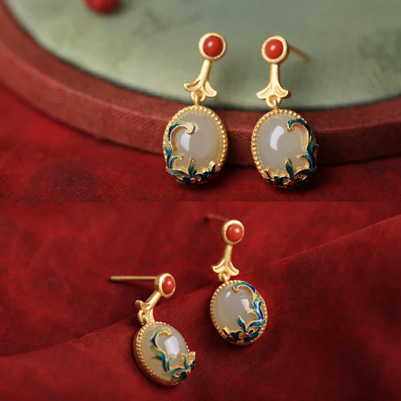 Vintage Jade Roter Achat Fülle Kupfer Tropfen Ohrringe