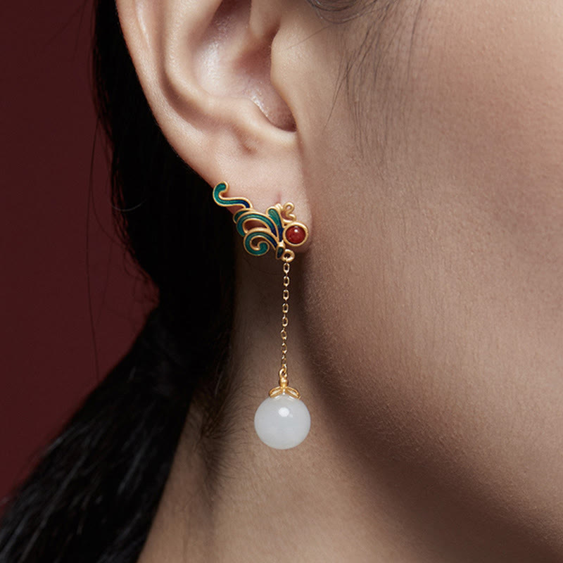 Vintage Weiße Jade Roter Achat Tropfen Ohrringe für Schutz & Segen