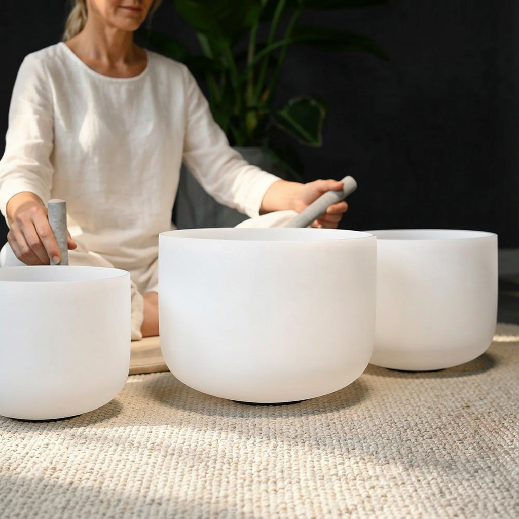 Klangschalen-Set aus weißem, mattiertem Kristallglas – 7-tlg. – 6-16 Zoll