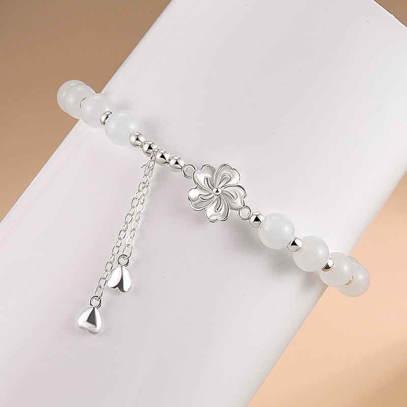 Glücksarmband aus weißer Jade mit Pfirsichblüte, 15–16 cm