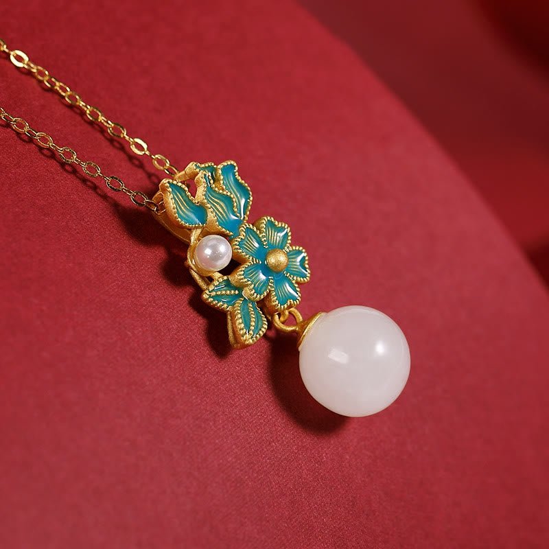 Weiße Jade Silber Perle Segen Halskette Ring Ohrringe
