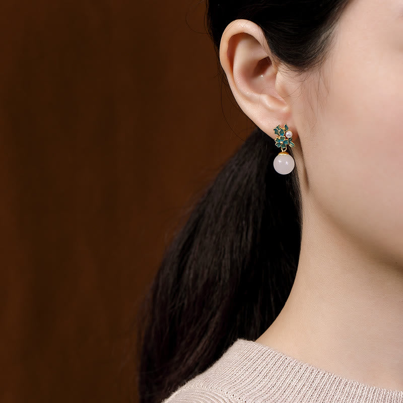 Weiße Jade Silber Perle Segen Halskette Ring Ohrringe