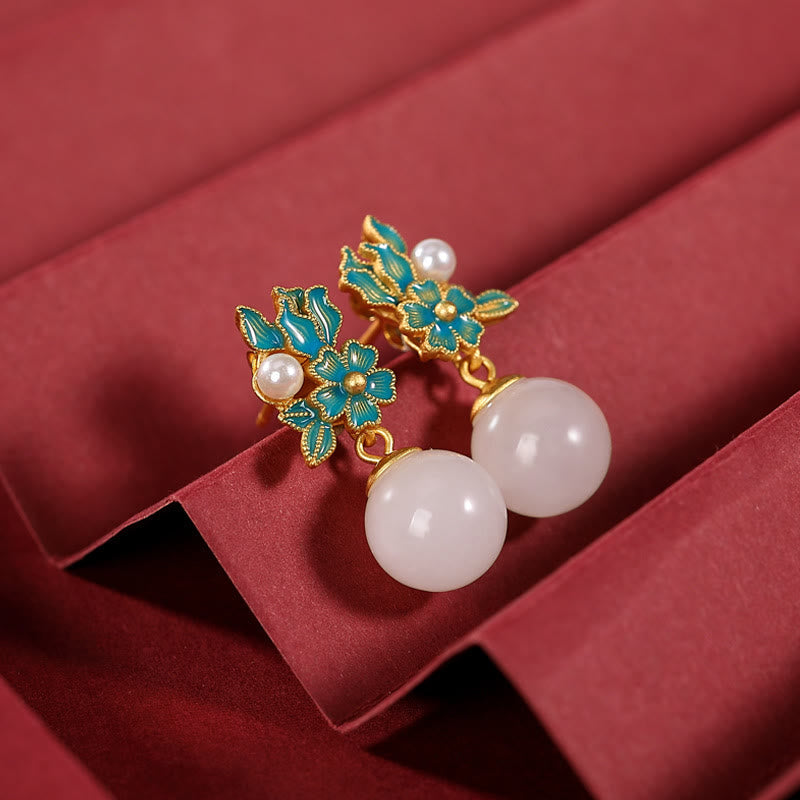 Weiße Jade Silber Perle Segen Halskette Ring Ohrringe