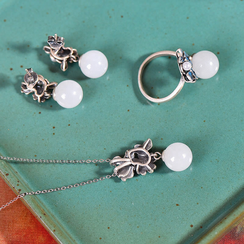 Weiße Jade Silber Perle Segen Halskette Ring Ohrringe