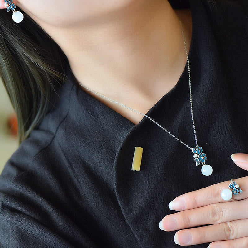Weiße Jade Silber Perle Segen Halskette Ring Ohrringe