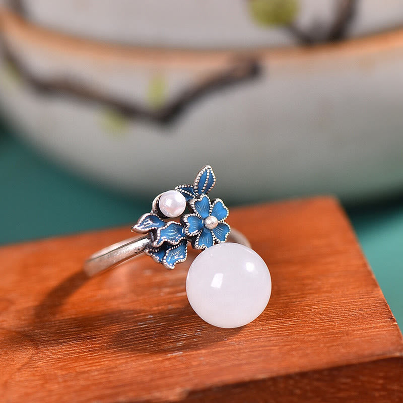 Weiße Jade Silber Perle Segen Halskette Ring Ohrringe