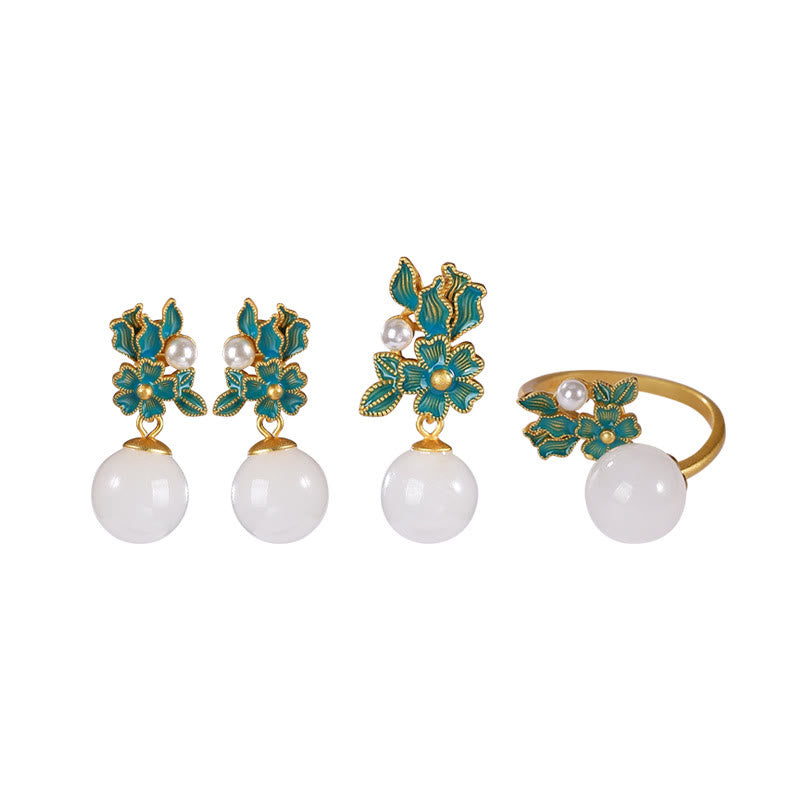 Weiße Jade Silber Perle Segen Halskette Ring Ohrringe