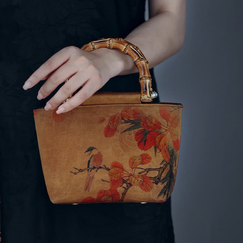 Gelber Vogel Grüne Pfingstrose Bambus Henkel Handtasche | Spirituelles Accessoire